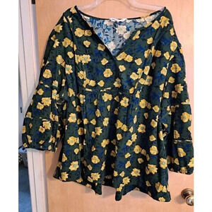 Womens Plus  Sonoma 5X Green Yellow Floral Pinwale  Corduroy Peasant Top  NWT